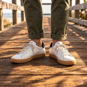 Clae Bradley White Navy Cactus Vegan Leather Sneakers Shoes Mens 10 Minimalist